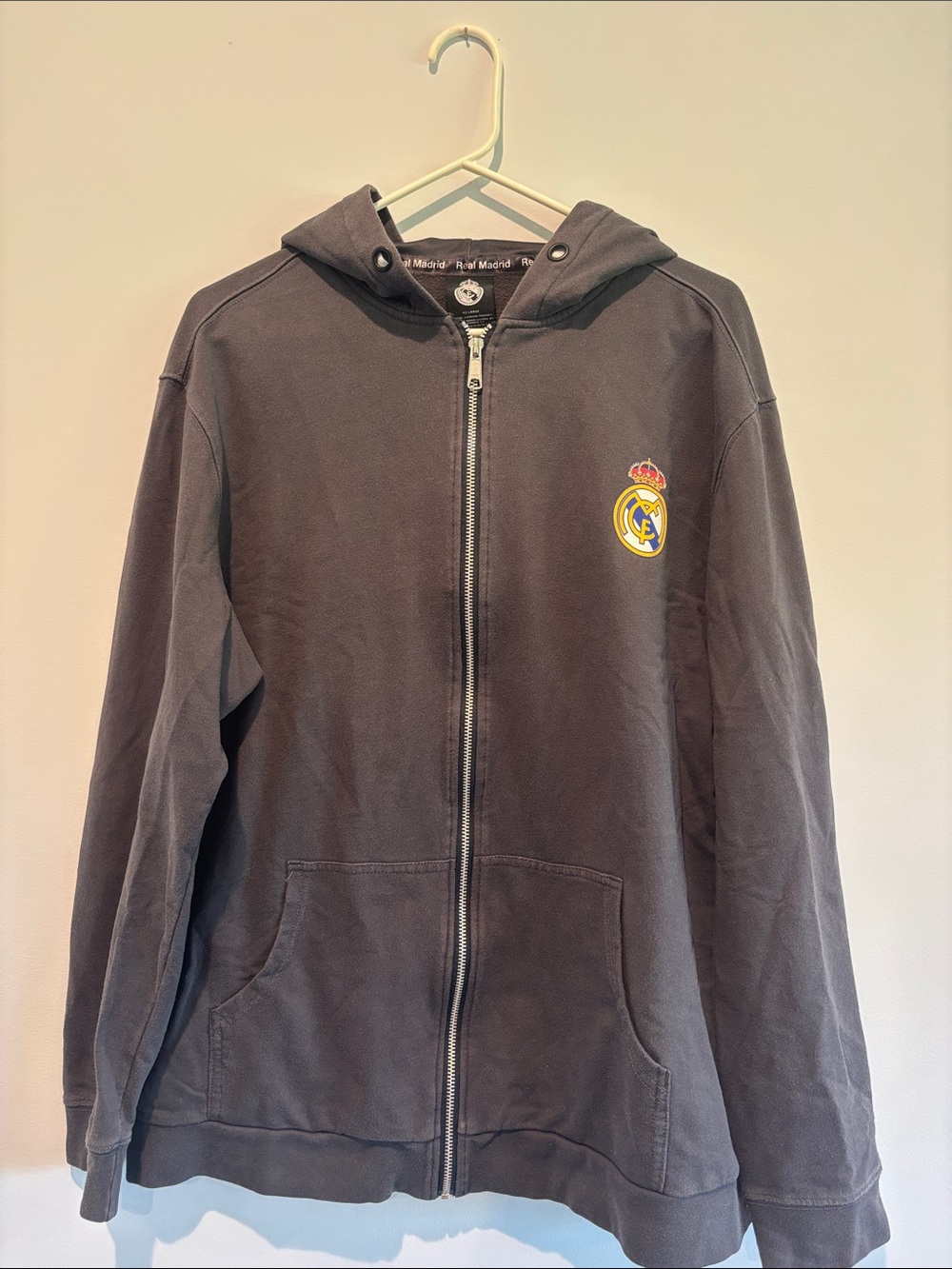 Real Madrid Men's Grey Zip-Up Hoodie with Crest